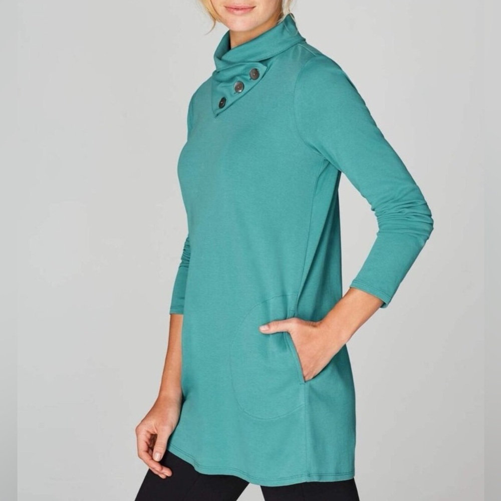 Pure Jill Teal Asymmetrical Button Cowl Neck Tunic Top | Size M